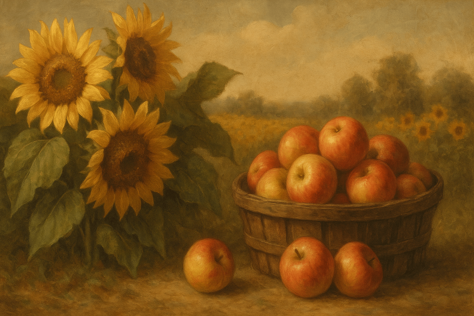 Apples and Sunflowers in a vintage basket and painterly style